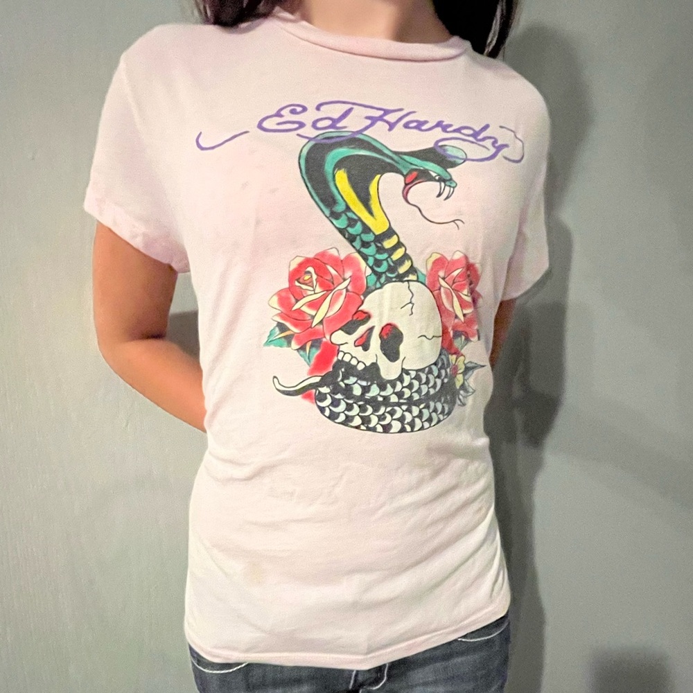 Ed Hardy Pink Tee with Snake and Skull